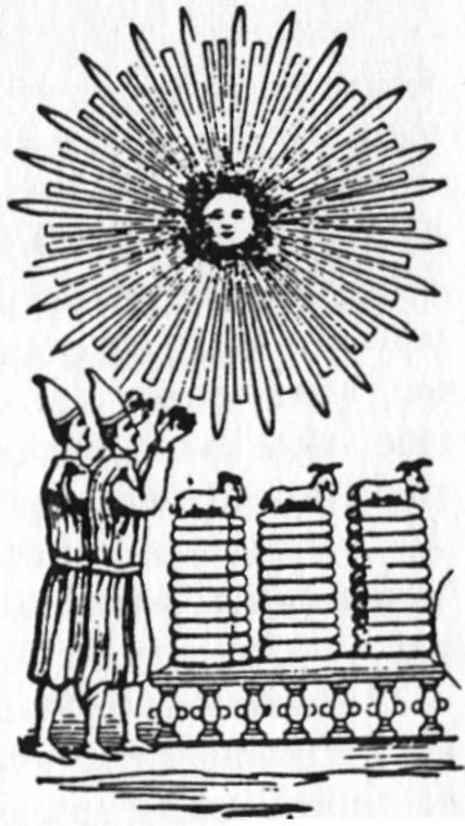 Ägyptisches Sonnenbild, 2 Priester beten die Sonne an, auf dem Altar liegen runde Brote
