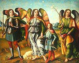 3 Erzengel fhren Tobias, Bild von Francesco Botticini, zw. 1466  1497 Bayerische Staatsgemldesammlung